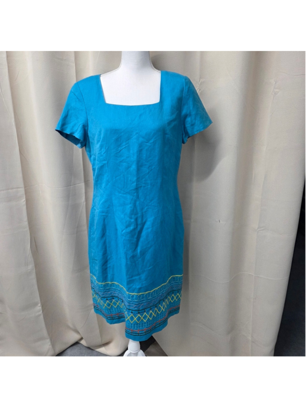 Vintage Karin Stevens Shift Blue Short Sleeve Dress Embroidered Boho Size 12